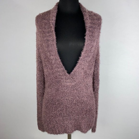 BCBGMAXAZRIA Sweater Women's Size S Fuzzy Knit Shawl Collar Plunging V-Neck 90s - Picture 1 of 12